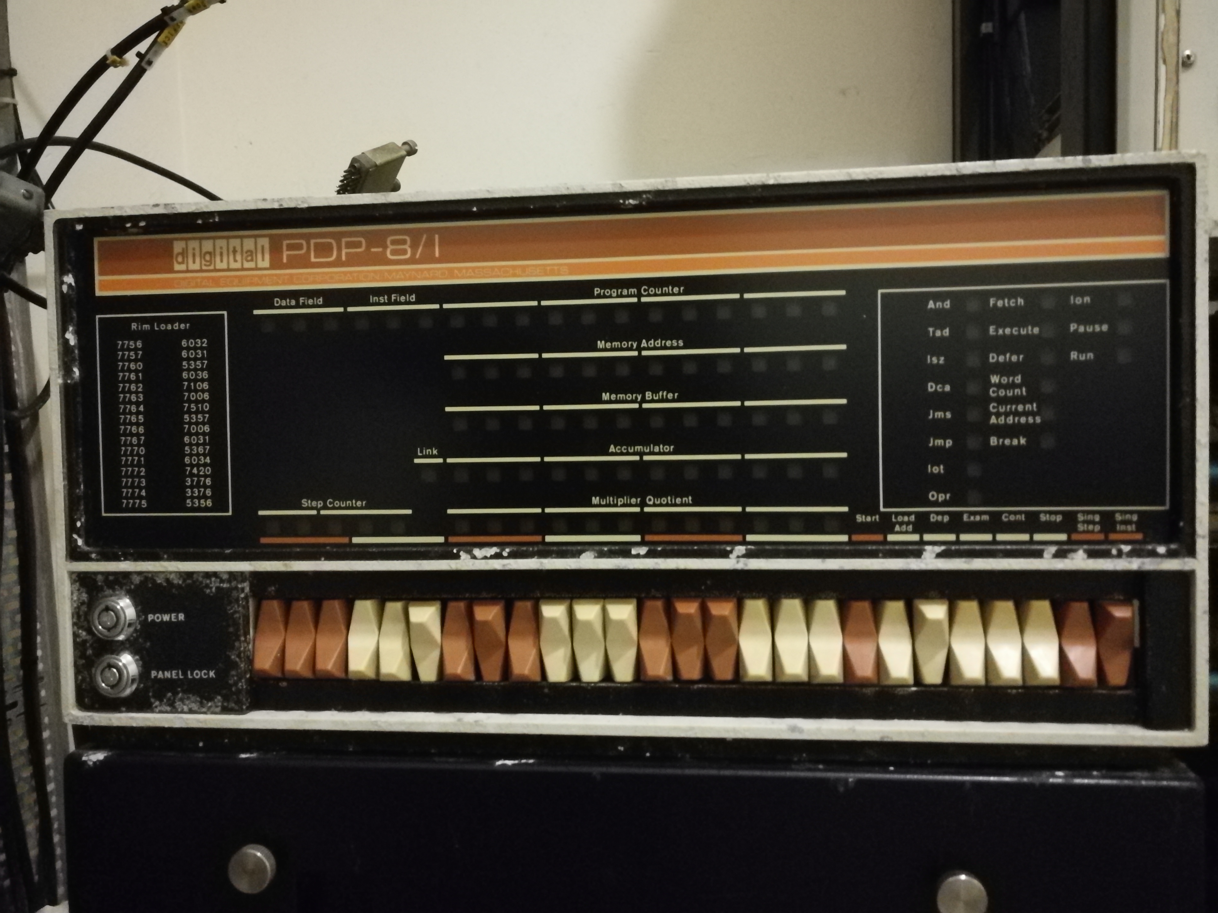 Close up of PDP8/l font panel - shows some corrosion